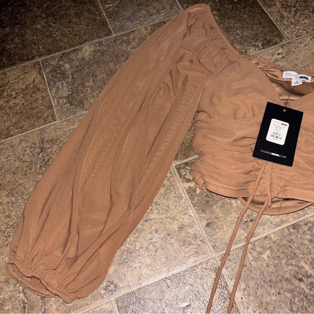 NWT Mesh Drawstring Tan Ruched Top - Picture 8 of 9